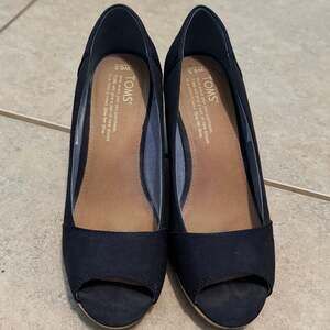 TOMS Stella Women's Black Denim Peep Toe Cork Wedge Heels